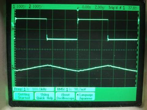 過渡応答(A=1 Vin=200mVp-p f=100kHz Rfb=0 位相補償なし Rl=15Ω ガラエポユニバーサル基板)