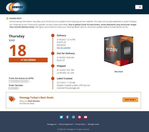 注文日3/13 午前3:30頃 到着日3/18 12:16