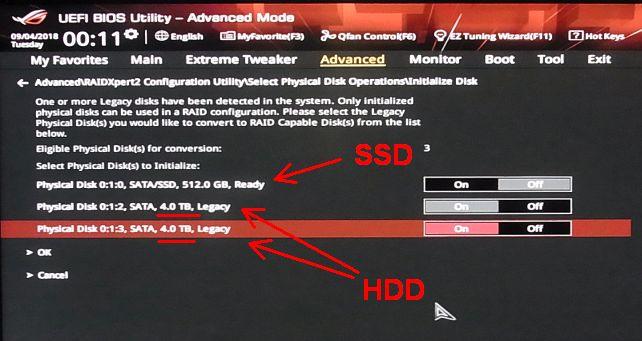 次にUEFIの設定でArray対象ドライブを指定(既設SSDと間違わないように...)