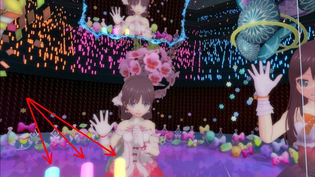 スクショすると消えるので、撮影しづらかったが、サイリウムがわずかに残った画面(矢印部)