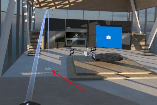 サムスティックを倒すと放物線を描いて移動先にポインタが出現(矢印)