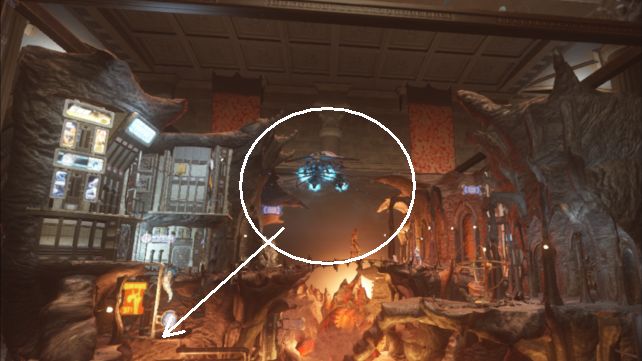 両者が戦う橋の上を手前に飛んでくる