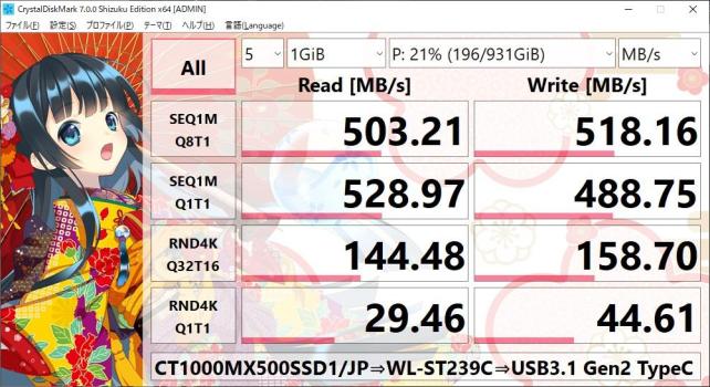 Type-Cの変換アダプタ噛ましてC端子に繋いでも、特に速度向上も低下もない
