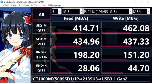 WL-ST239C(本品)のUSB3.2 Gen1 x1接続よりは速いが...500MB/sにはまったく届いていない