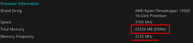 メモリ挿入直後は、65536MB=64GB認識されているが、メモリクロックは2133MHz