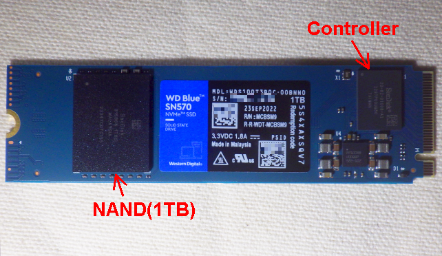 DRAMキャッシュレスで、1TBのNAND採用のため、部品点数は少ない