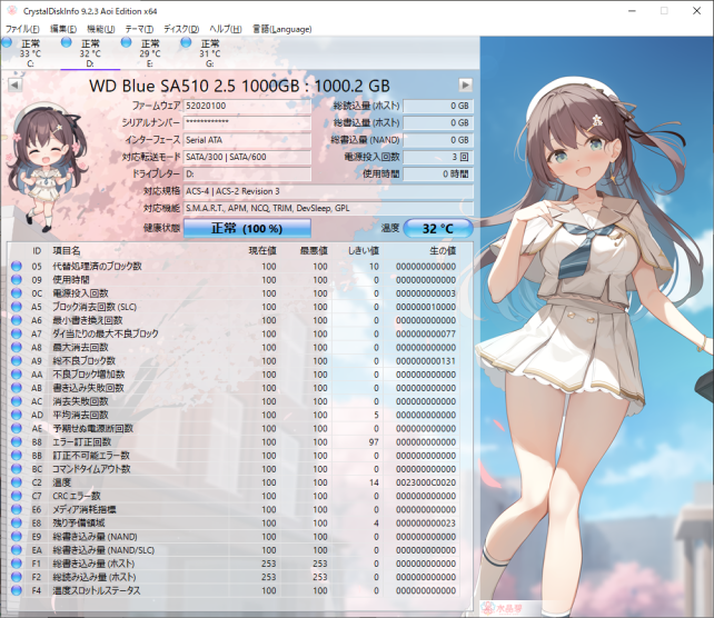 電源投入回数がこちらは3回だが、先につけて起動確認したため