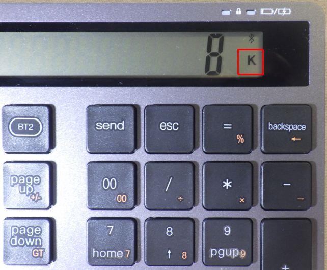 この位置に「K」が表示されていると、テンキーモード。できればLEDのほうが良かったか?