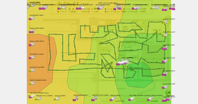2.4GHz帯域。電波が丸く出ています。