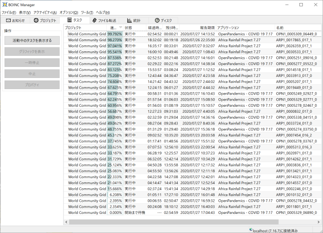 BOINC WCGrid演算でコロナ退治などを