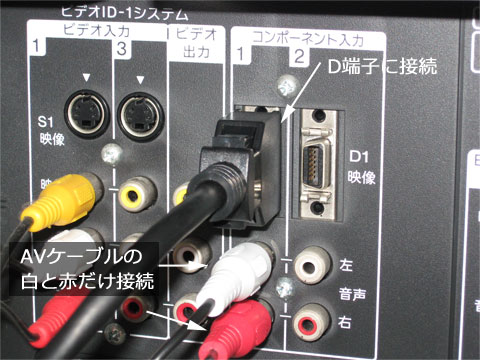 テレビのコンポーネント入力にD端子ケーブルと、白赤ケーブルをさす