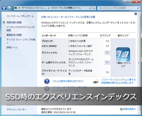 SSDを起動ドライブにしてのエクスペリエンスインデックス