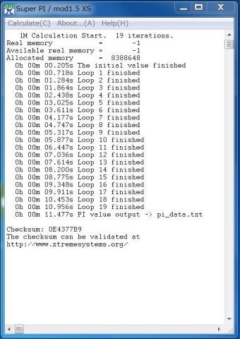 π焼きしてみました。i7-2600には負けてしまいます。(我が家には「K無し」しかいません・・・K無しは10秒台)