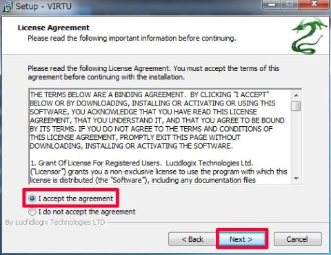 I accept the agreementを選択し、Nextを押下