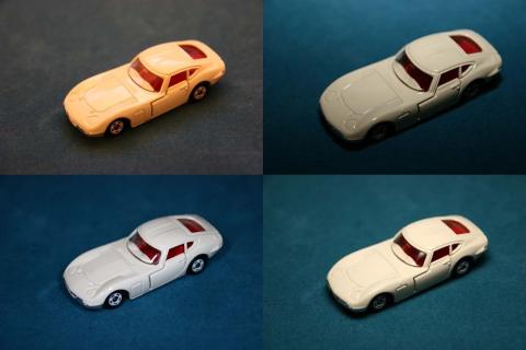 左上:ノーフラッシュ、右上:外付けフラッシュ、左下:O-FLASH、右下:ディフューザー