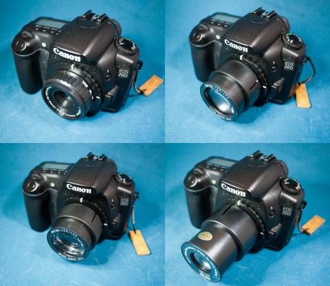 左上:HL-C(BC)、右上:テレコン、左下:ワイコン、右下:魚眼レンズ