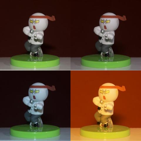 左上:ディフューザー無し、右上:ホワイト、左下:ブルー、右下:オレンジ