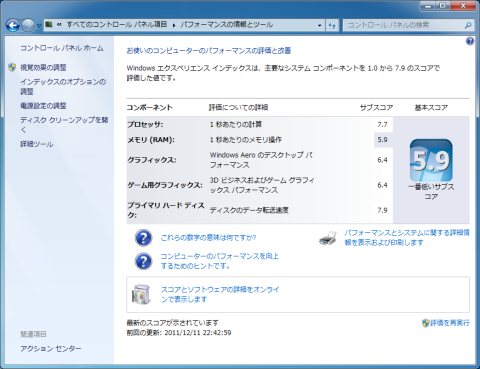 Intel Core i7-2700K Windows エクスペリエンス インデックス