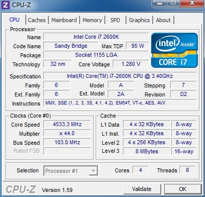 2600KをExtremeにてOC時のCPU-Zの結果