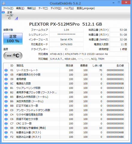 CrystalDiskInfoによるSSDの情報