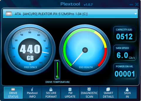 PLEXTOR社SSDユーティリティPlextoolによって表示されたSSD情報