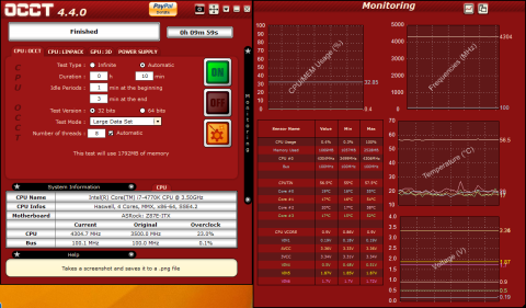 CPU-OCCT 10分間、クロック周波数4.4GHz、コア温度 最大58℃