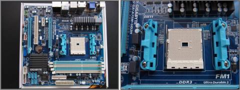 左:マザーボード全体 右:CPUソケット周辺