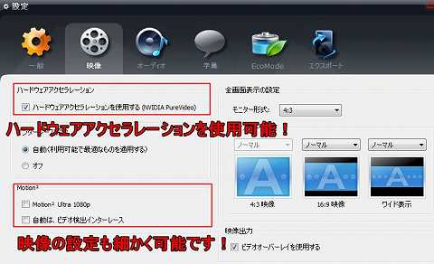 映像設定でハードウェアアクセラレーションが選択できる