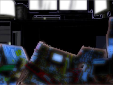 NewBlueエアブラシエフェクトをかけた例 手前のPCパーツ類がイラスト風に変化している。