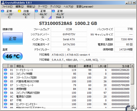ST31000528AS連続負荷時の温度