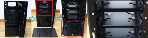 パネルを外した前面とHDDトレイの拡大