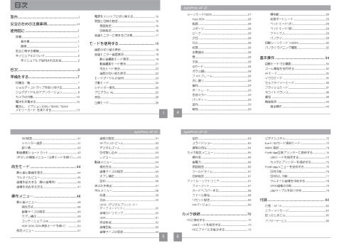 非常に詳しくかかれたPDFの取り扱い説明書の目次部分・各シーンモードの説明もされている