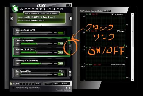 ※このとき「CoreClock」「ShaderClock」がリンクされた状態で動きます。リンクせず単体で変更したい場合は、「Linkマーク」をクリックしてリンクを外してください。
