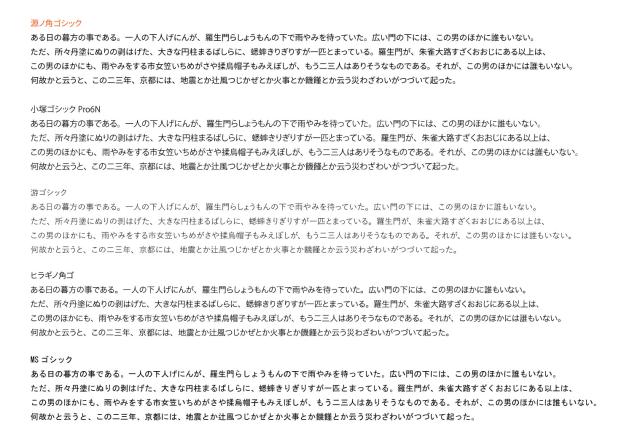 源ノ角ゴシック / 小塚ゴシック / 游ゴシック / ヒラギノ角ゴ / MSゴシック