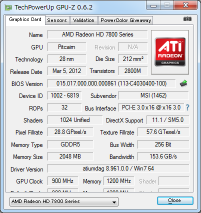 Radeon HD 7850接続時のGPU-Z
