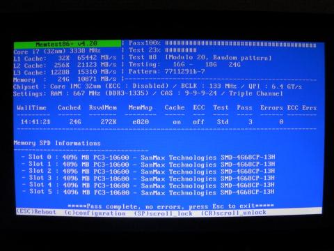 Memtest86+で14時間程度テスト、3Pass、0Errorsでした。