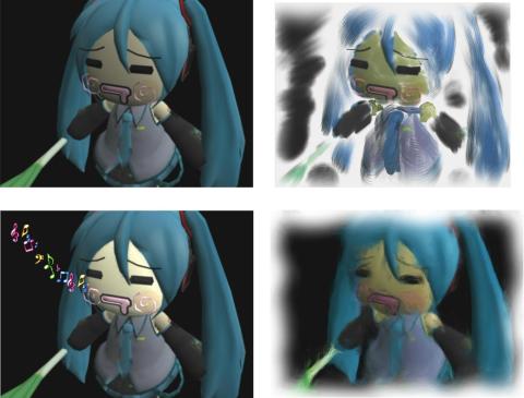 図2:原本(左上)、手書き油絵風(右上)、自動油絵風(右下)、と部分的な光補正(左下)