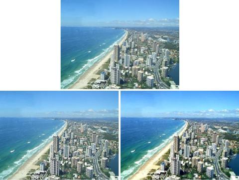 画像3:別のアンシャープフィルタによる調整(上:原本:左下:半径3量0.9しきい値100、右下:半径120量0.45しきい値0)